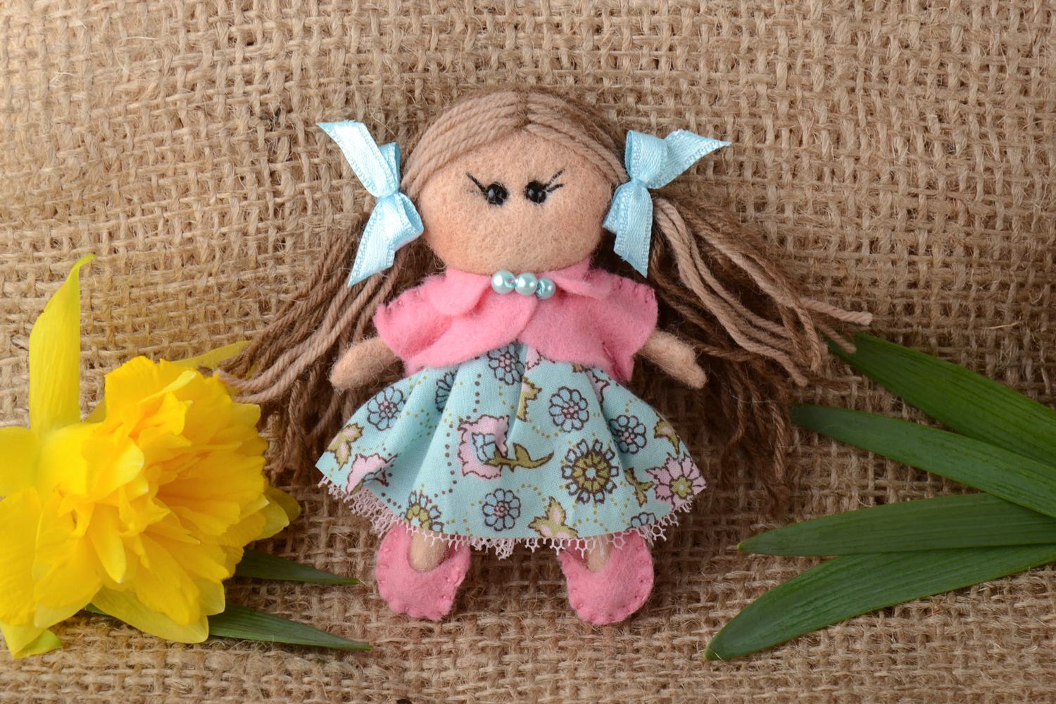 Handmade decorative fridge magnet felted of wool in the shape of doll  photo 1