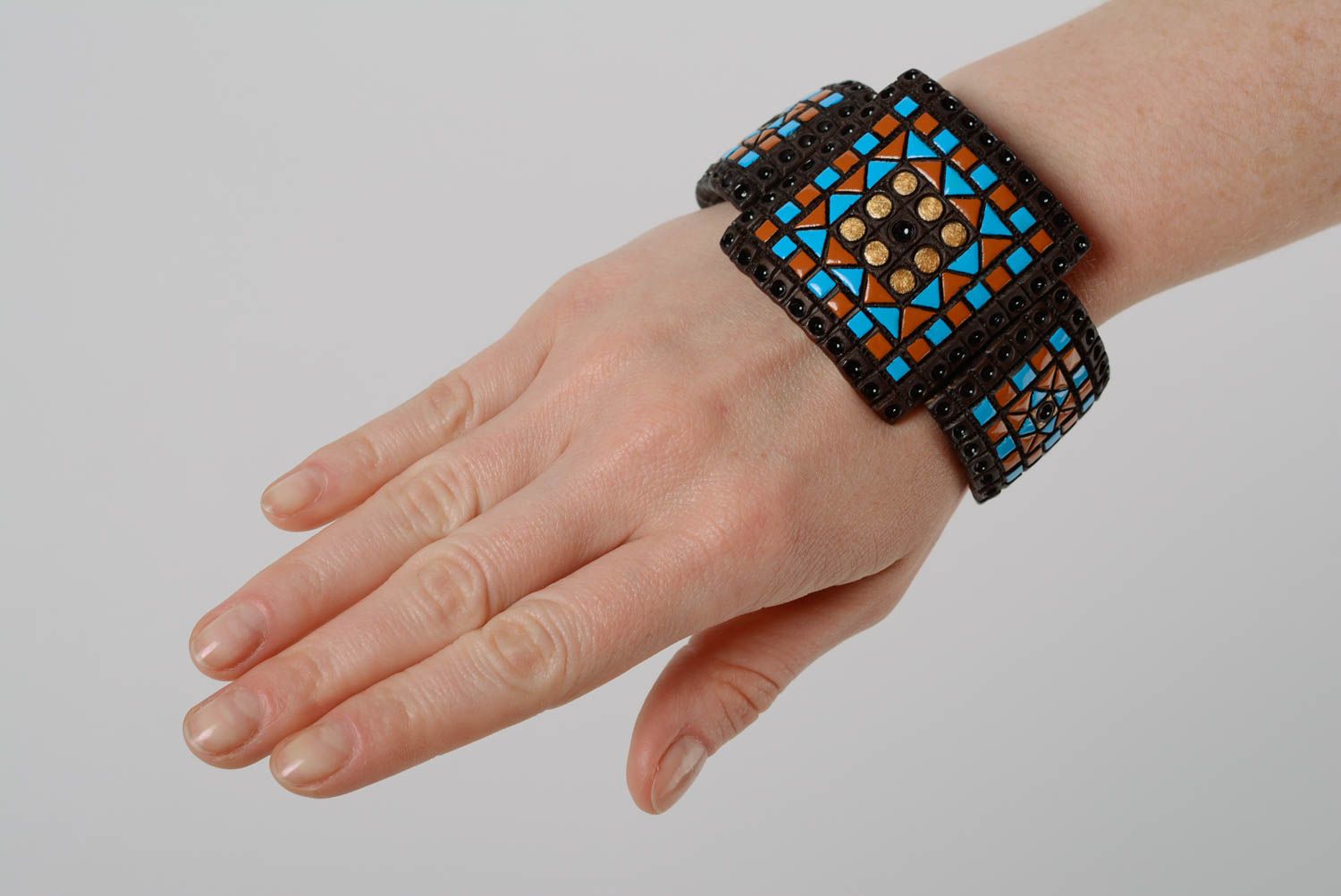 Керамический браслет с кожаными вставками широкий необычный цветной хэнд мейд фото 3