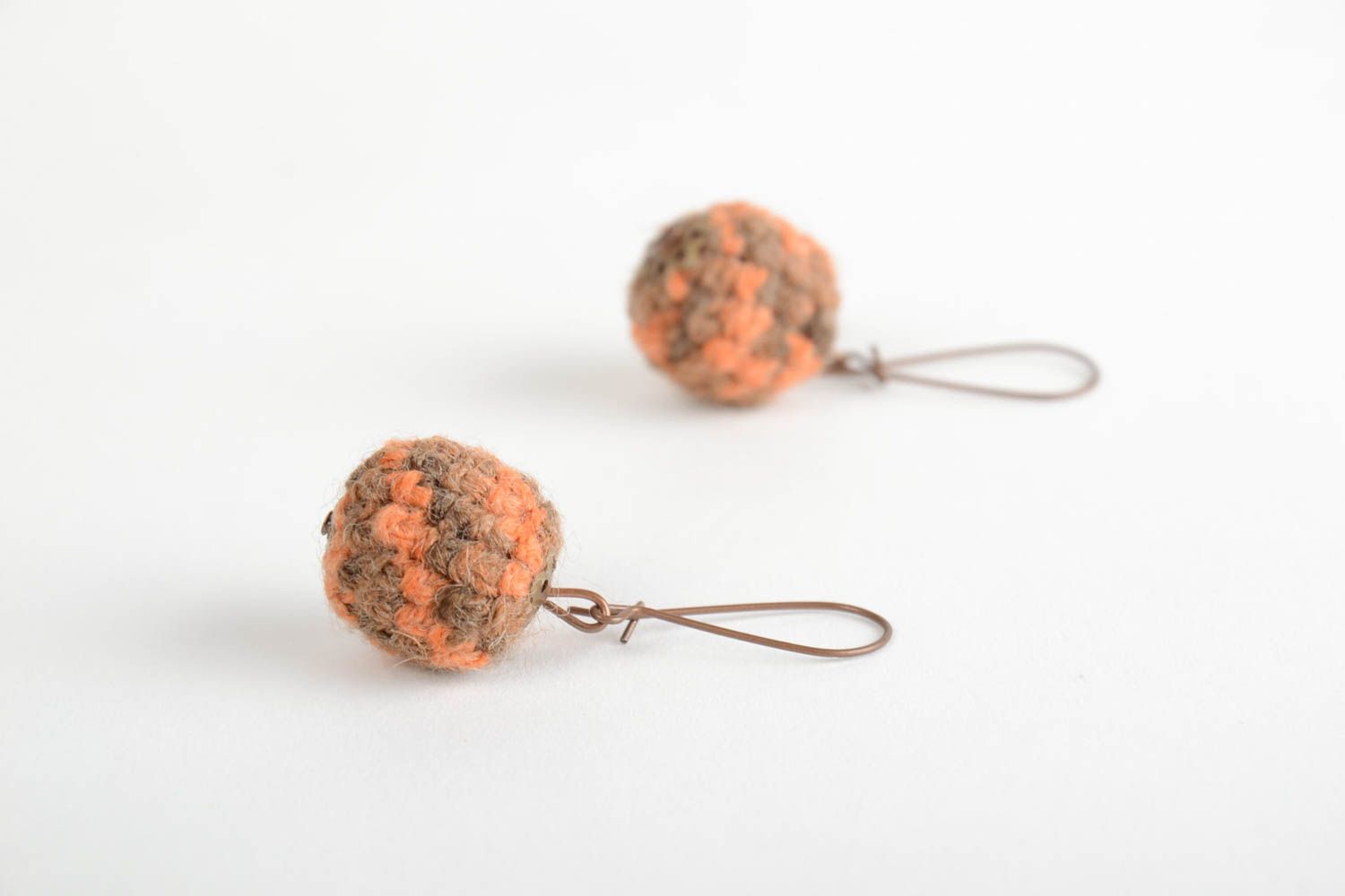 Beautiful handmade brown crochet ball earrings designer jewelry photo 3