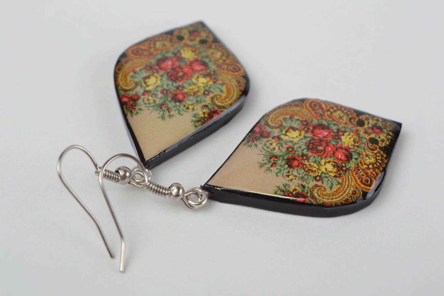 Handmade designer polymer clay decoupage earrings with saturated floral pattern photo 3