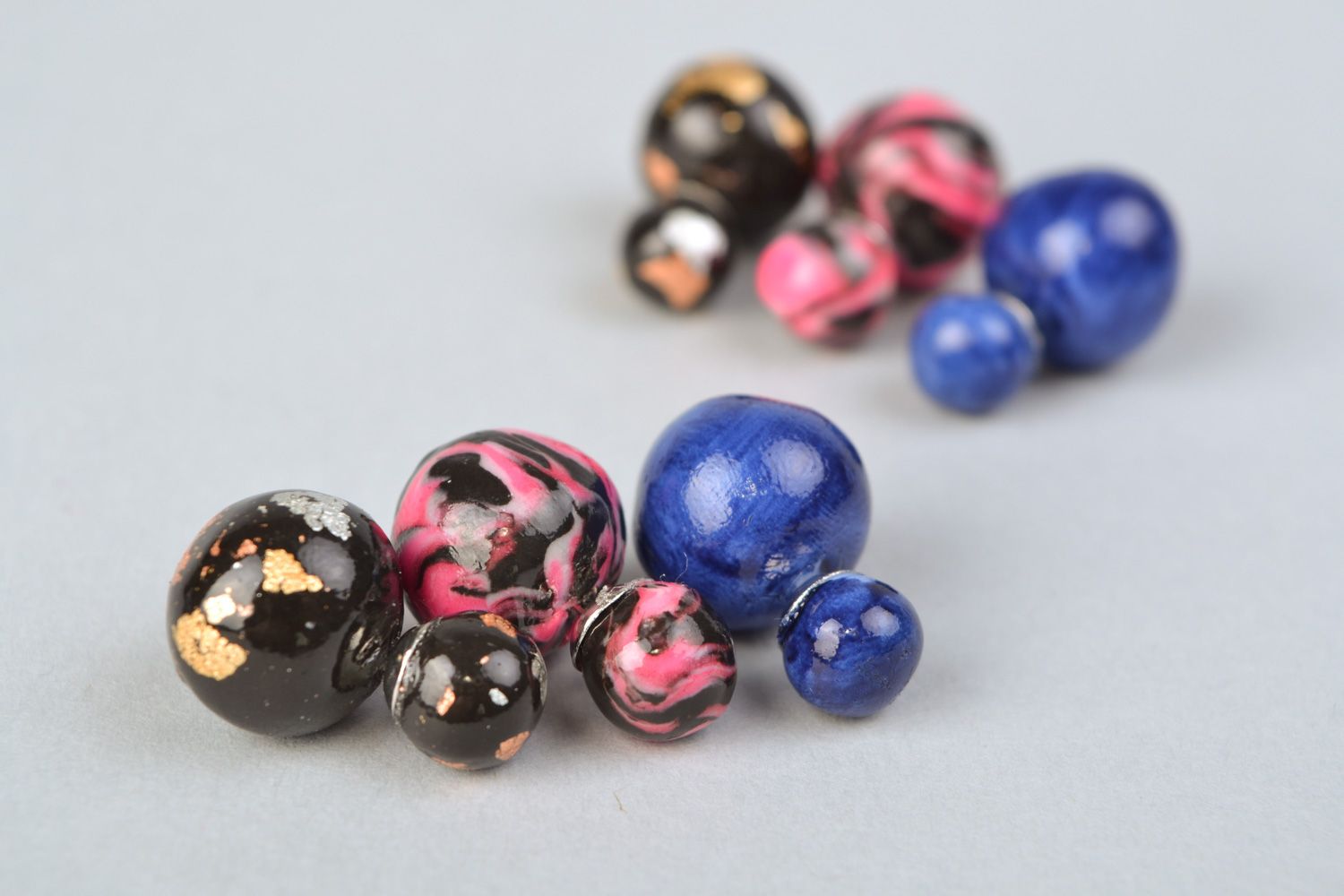 Handmade designer polymer clay stud earrings set of 3 pairs of different colors photo 4