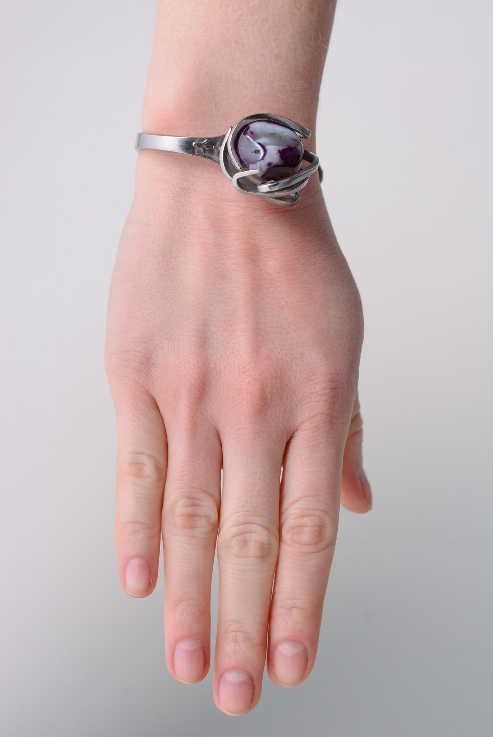 Handmade metal fork wrist bracelet with stone photo 3