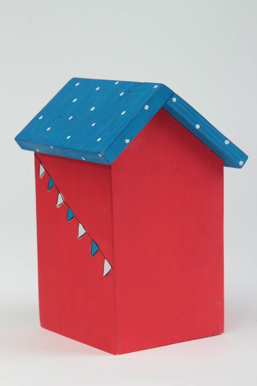 Maisonnette en bois fait main Petite statuette rouge bleu design Déco intérieur photo 3