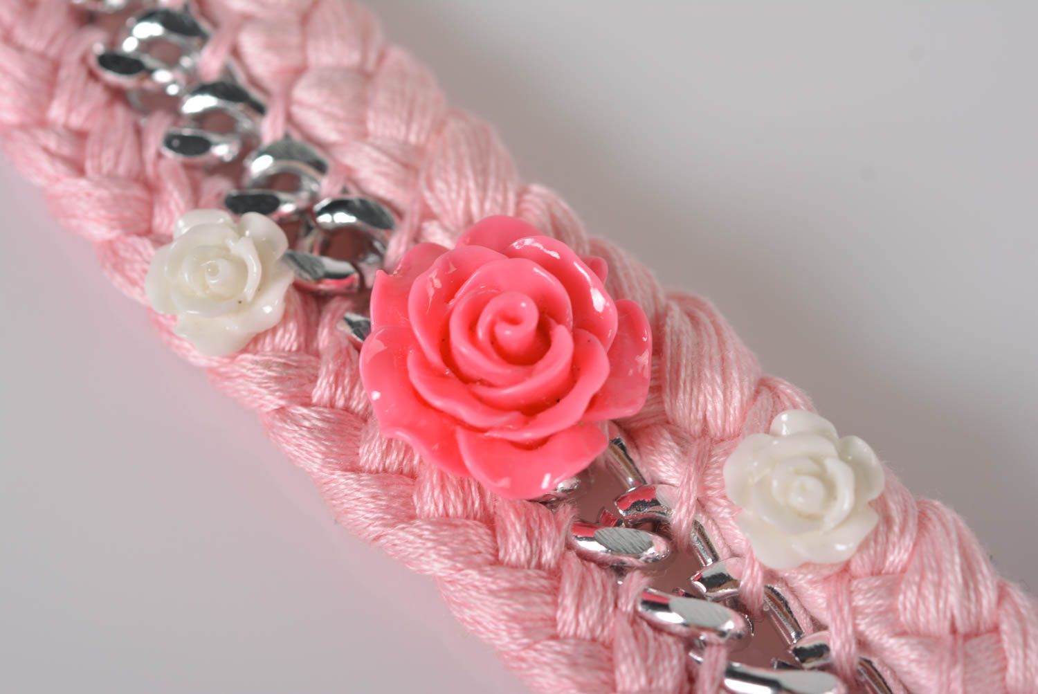 Браслет коса браслет ручной работы розовый с цветком на цепочке модная бижутерия фото 2