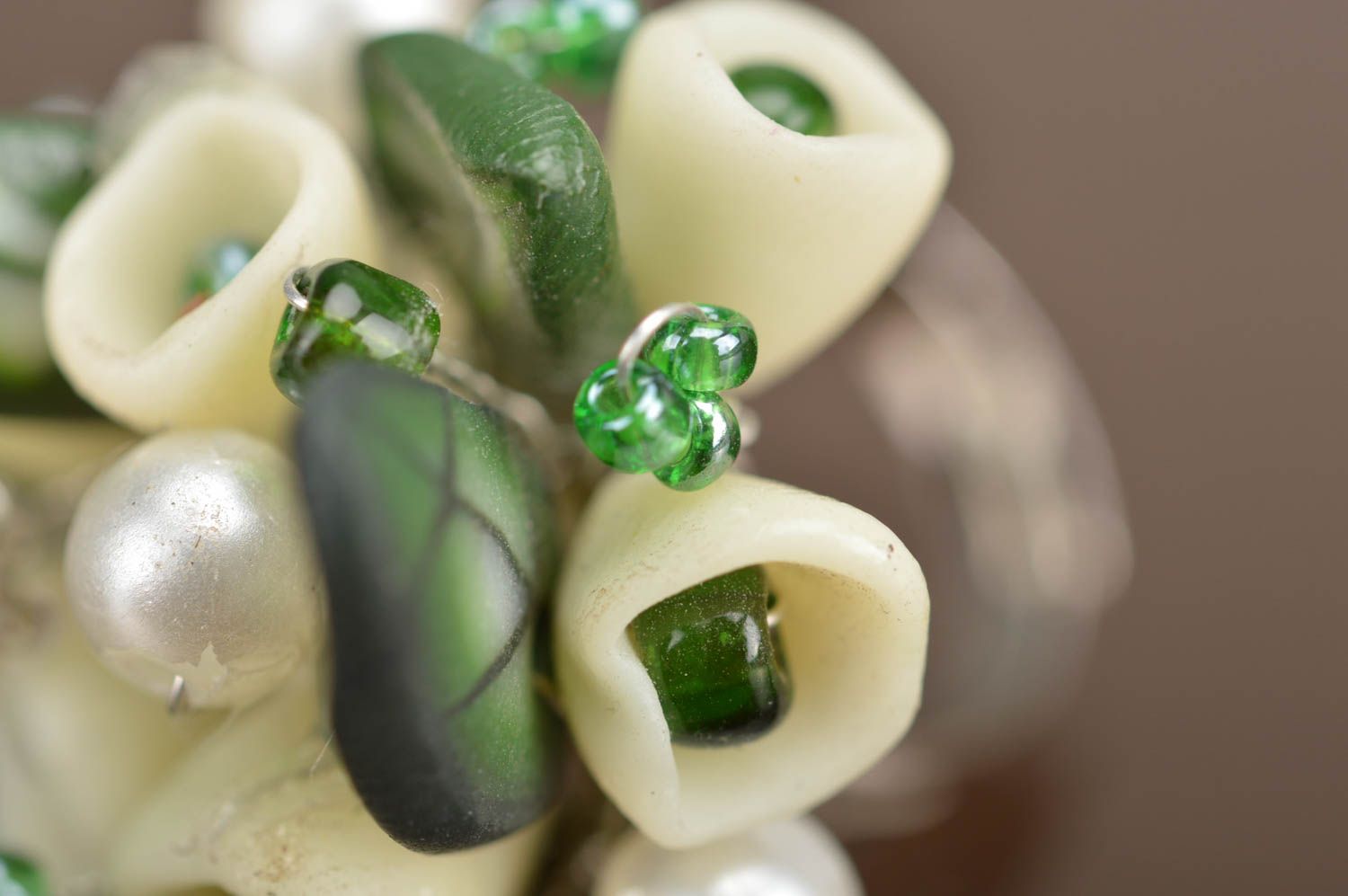 Designer polymer clay handmade ring bouquet of snowdrops with adjustable size photo 4