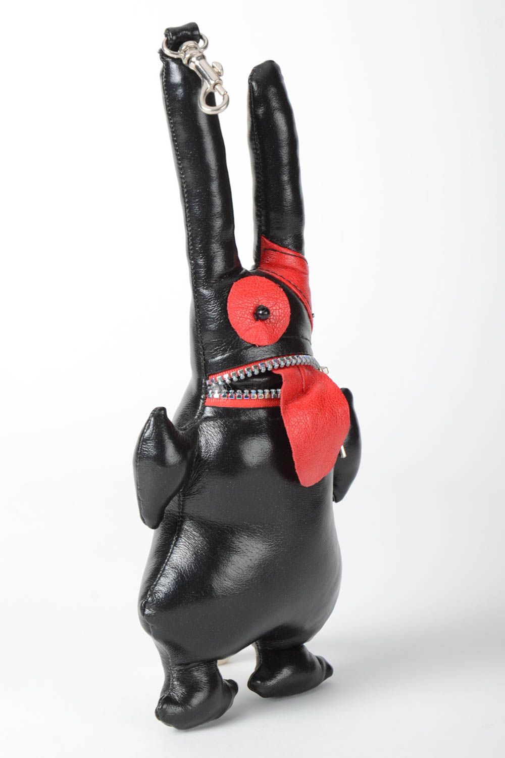 Jouet enfant Peluche lapin fait main en cuir Cadeau original noir rouge photo 2