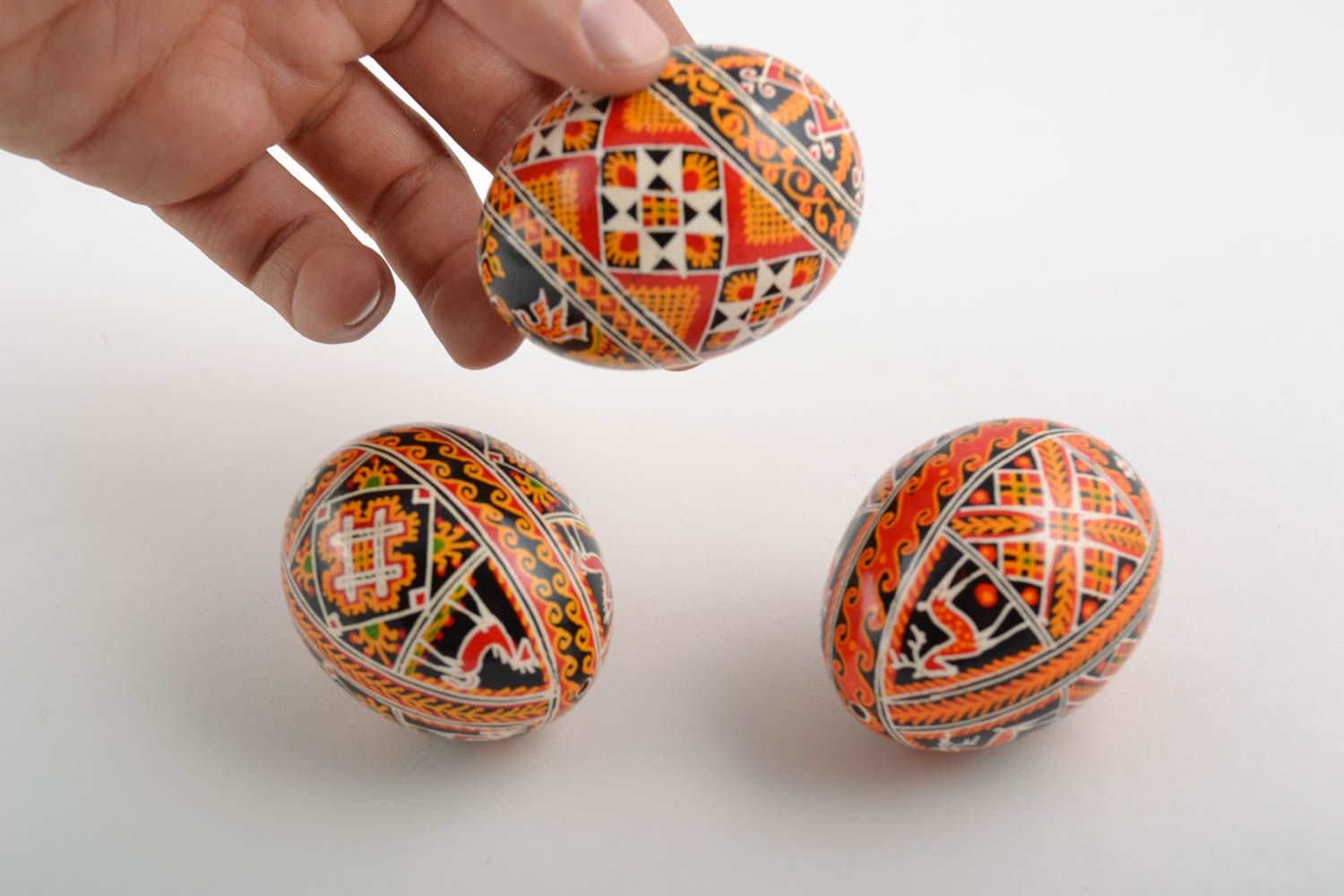 Beautiful colorful handmade painted Easter eggs set 3 pieces with Slavic symbols photo 4