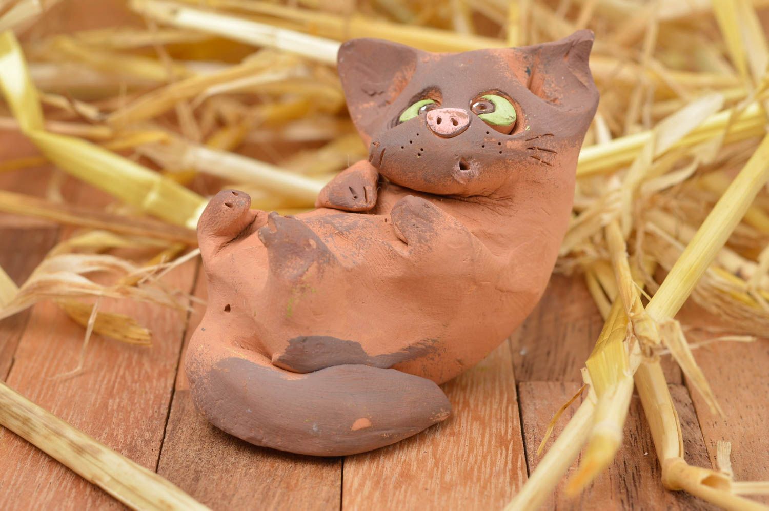 Figurine chat marron faite main Statuette déco céramique originale Petit cadeau photo 1