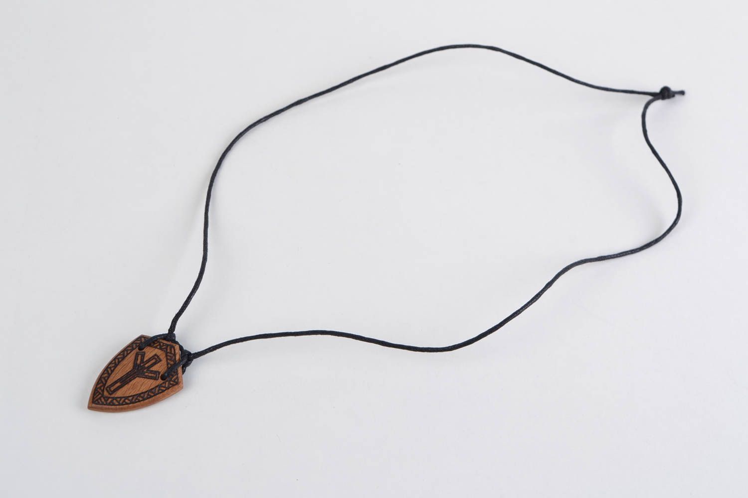Unisex handmade designer ethnic wooden pendant on cord with pyrography decor photo 4