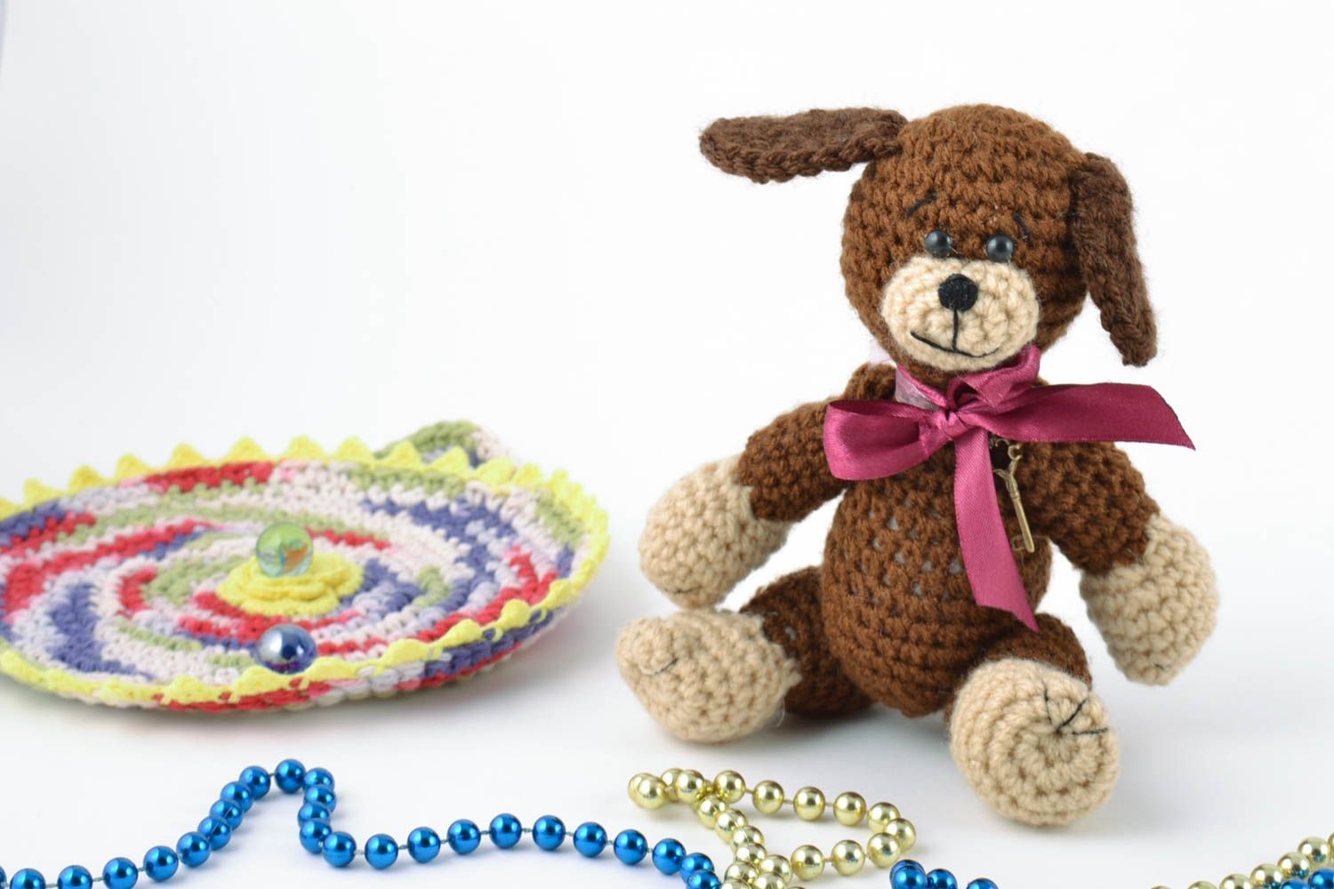 Handmade crocheted woolen decorative small soft toy brown Bear gift for child photo 1