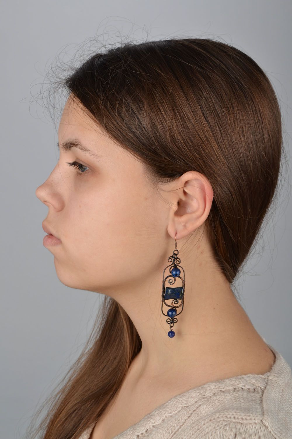 Handmade metal earrings with lazurite and agate photo 5