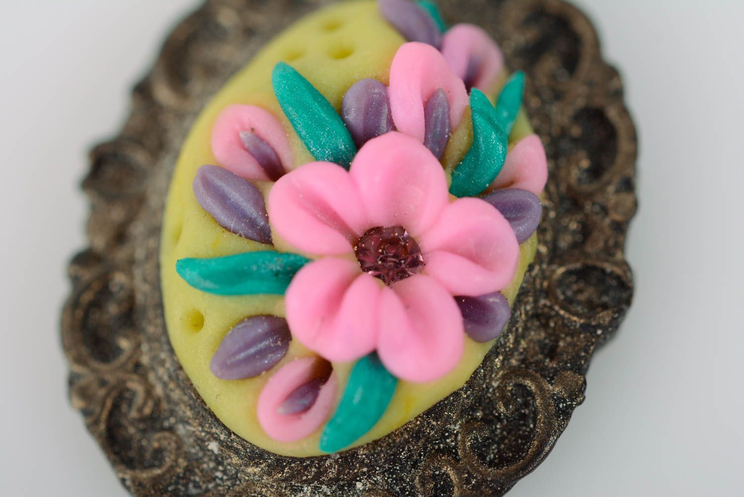 Beautiful handmade oval polymer clay flower pendant with cord photo 3