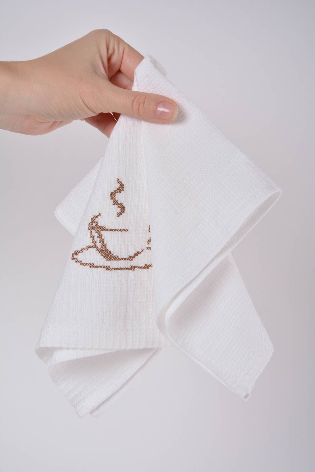 Set of 6 handmade white cotton napkins with embroidered coffee cup for table photo 2