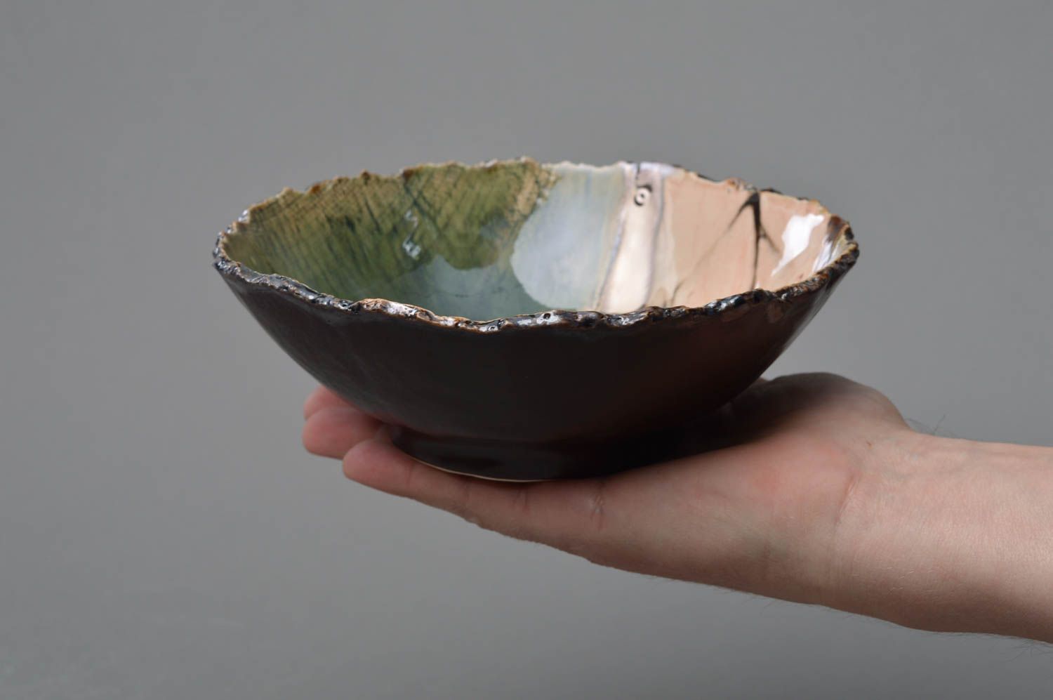 Handmade designer porcelain bowl with ragged edges glazed dark decorative photo 3