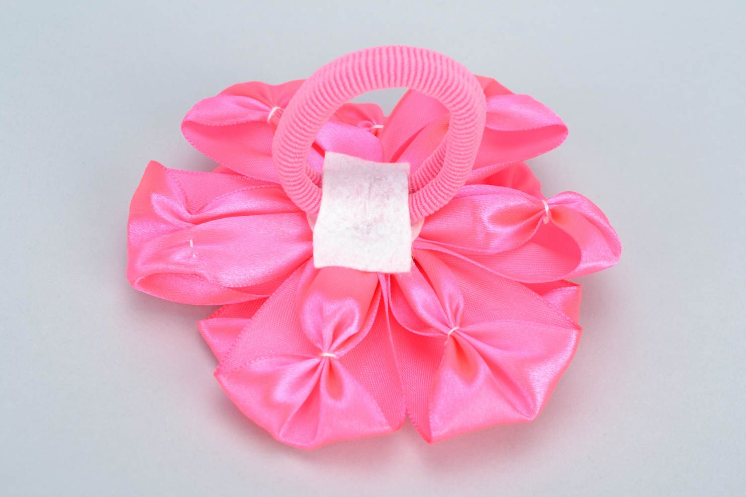 Handmade pink kanzashi satin ribbon flower hair tie photo 4