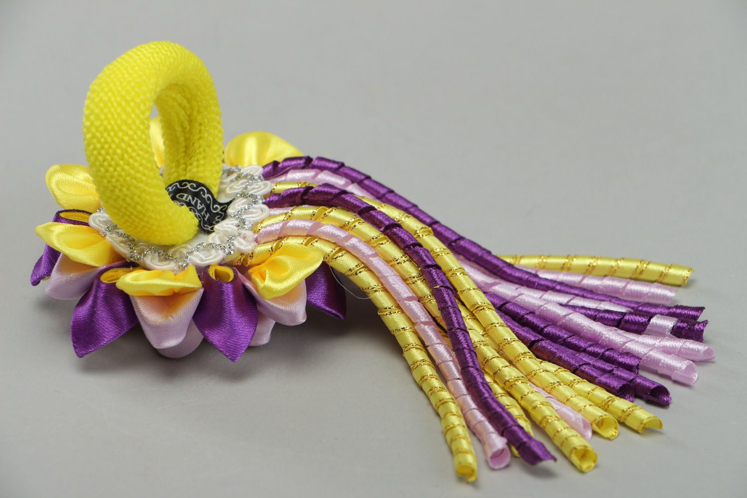 Handmade yellow and violet hair tie with satin ribbon volume kanzashi flower photo 3