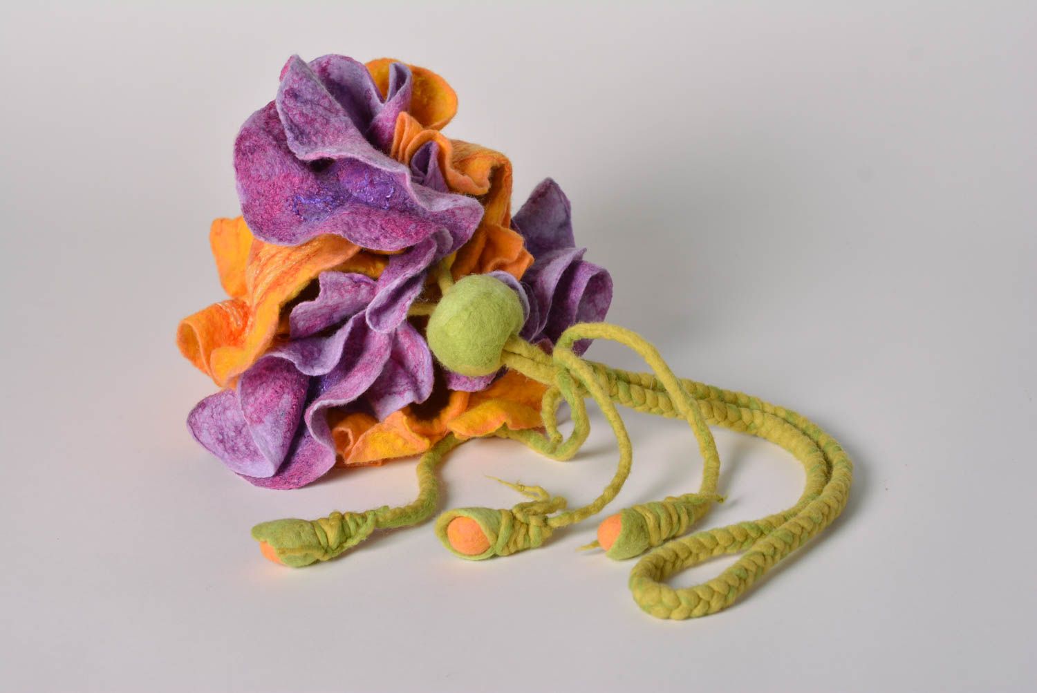 Handmade women's felted wool bag in the shape of violet and orange flower photo 2