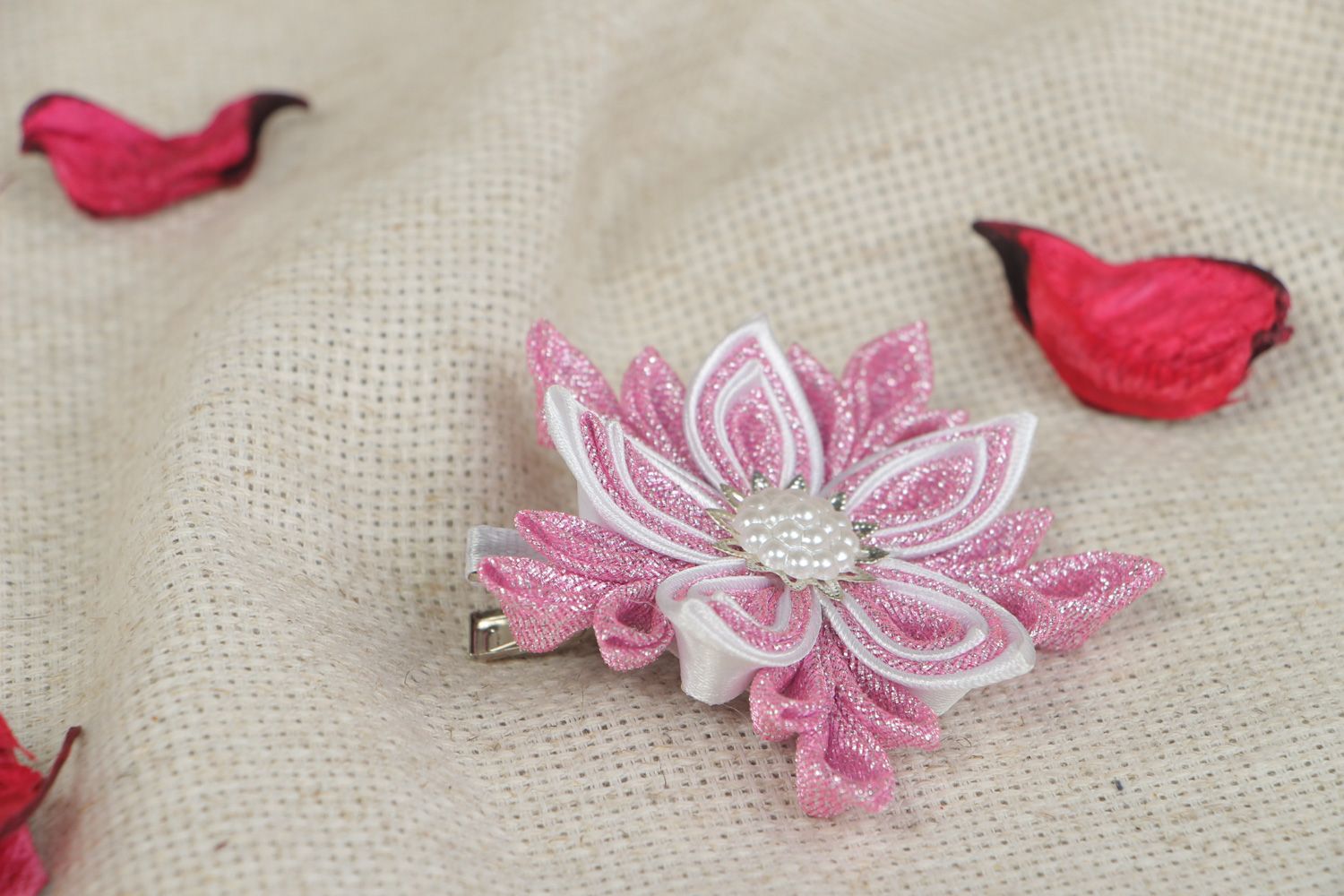 Handmade small tender hair clip with kanzashi flower of white and pink colors  photo 5