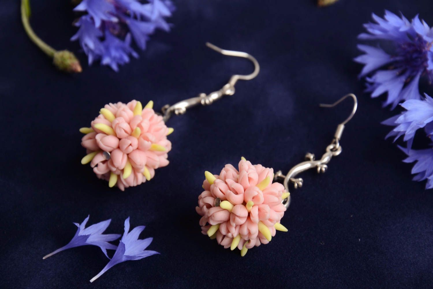 Unusual fancy earrings with tender handmade polymer clay flower bouquet pendant photo 1