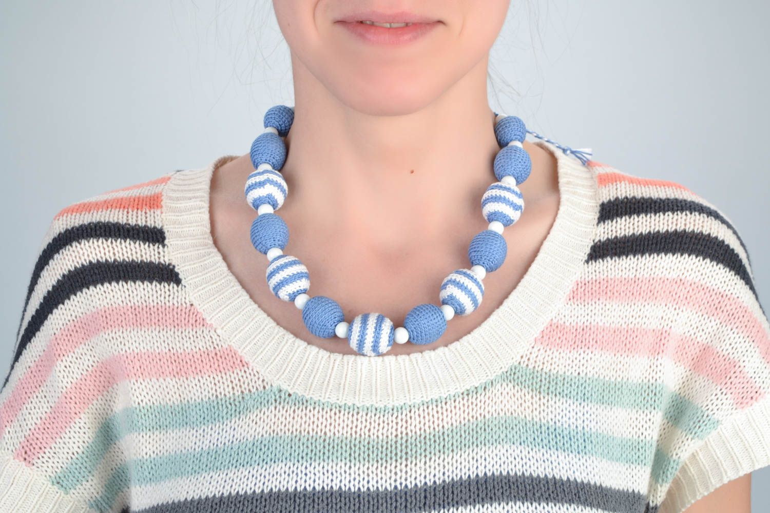 Blue handmade designer soft babywearing necklace crochet over with cotton threads photo 1