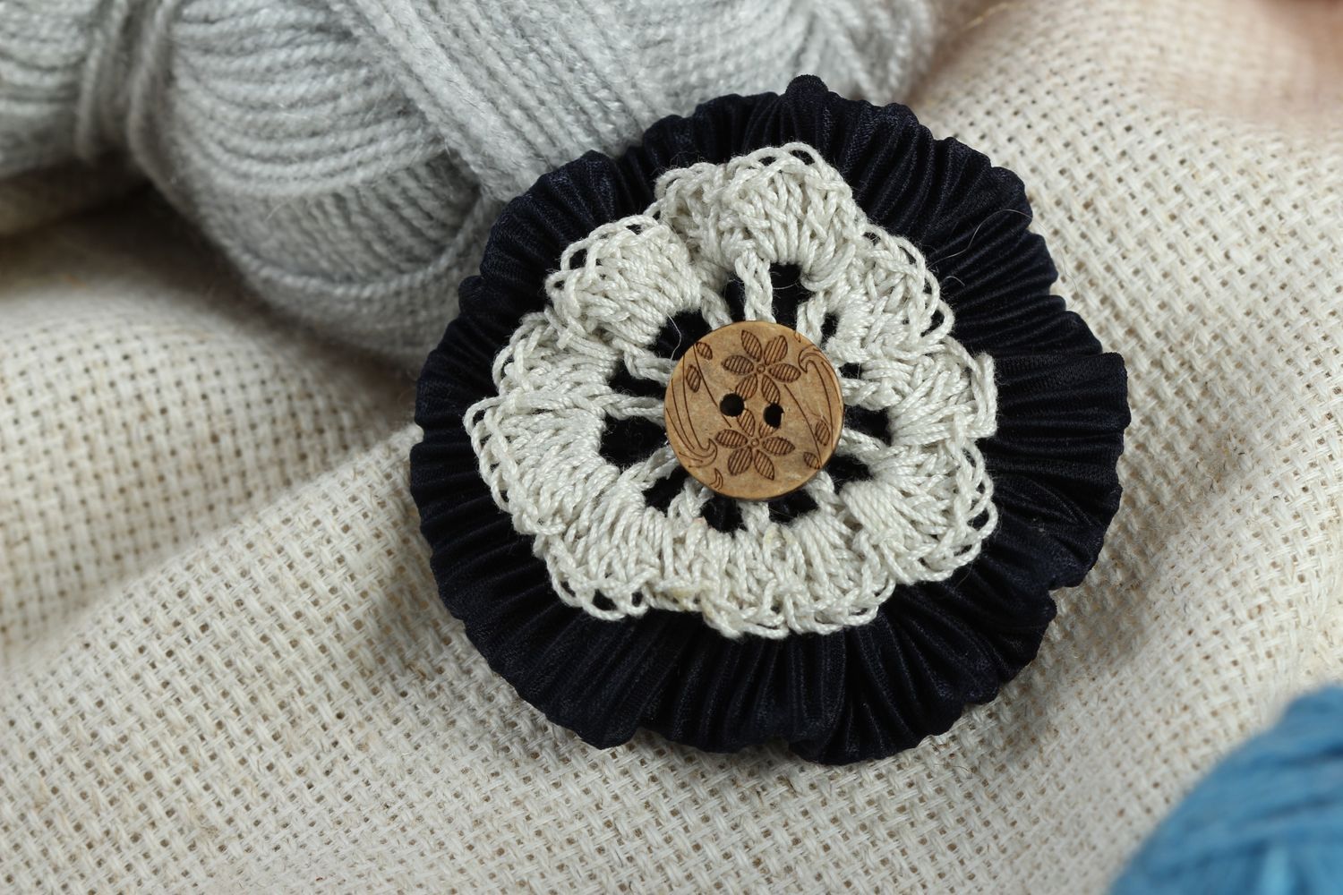 Fleur tricot faite main Fourniture bijoux noir et blanc Loisirs créatifs photo 1