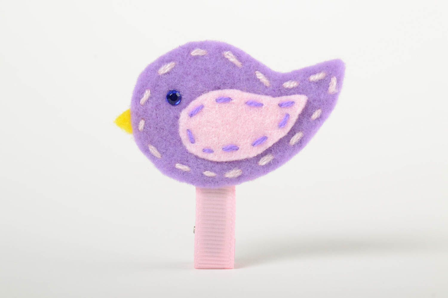 Fermaglio capelli da bambina fatto a mano accessorio con uccello violetto foto 2