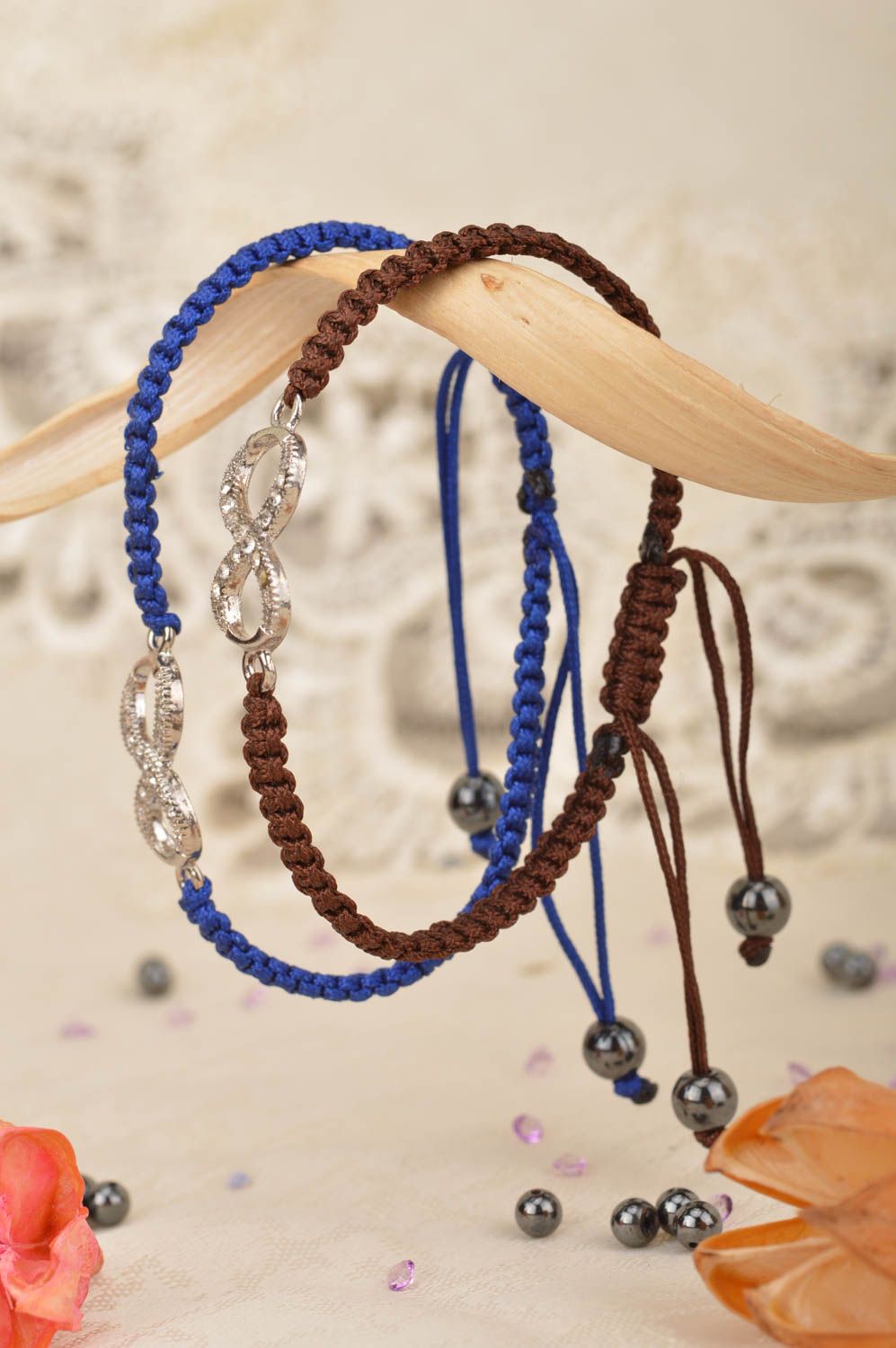 Set of handmade bracelets made of silk threads blue and brown 2 pieces photo 1