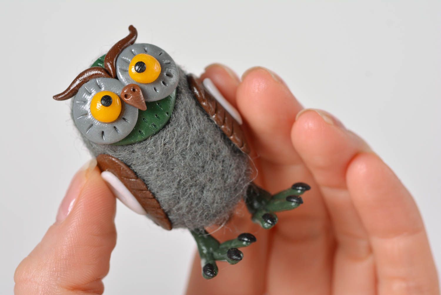 Woolen handmade grey owl unusual designer statuette cute tiny figurine photo 3