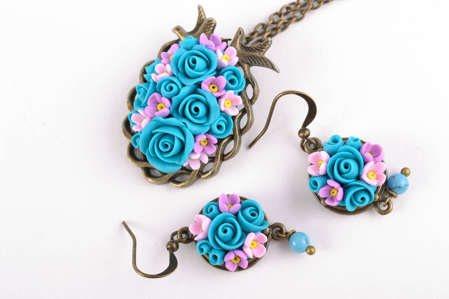 Polymer clay jewelry set earrings and pendant photo 3