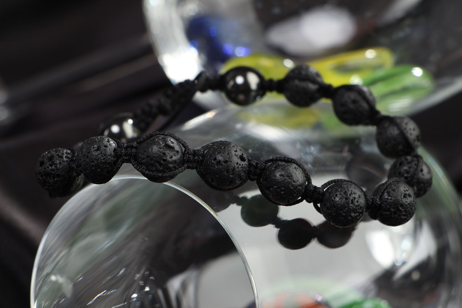 Handmade wrist bracelet with volcanic lava and hematite beads with adjustable size photo 4