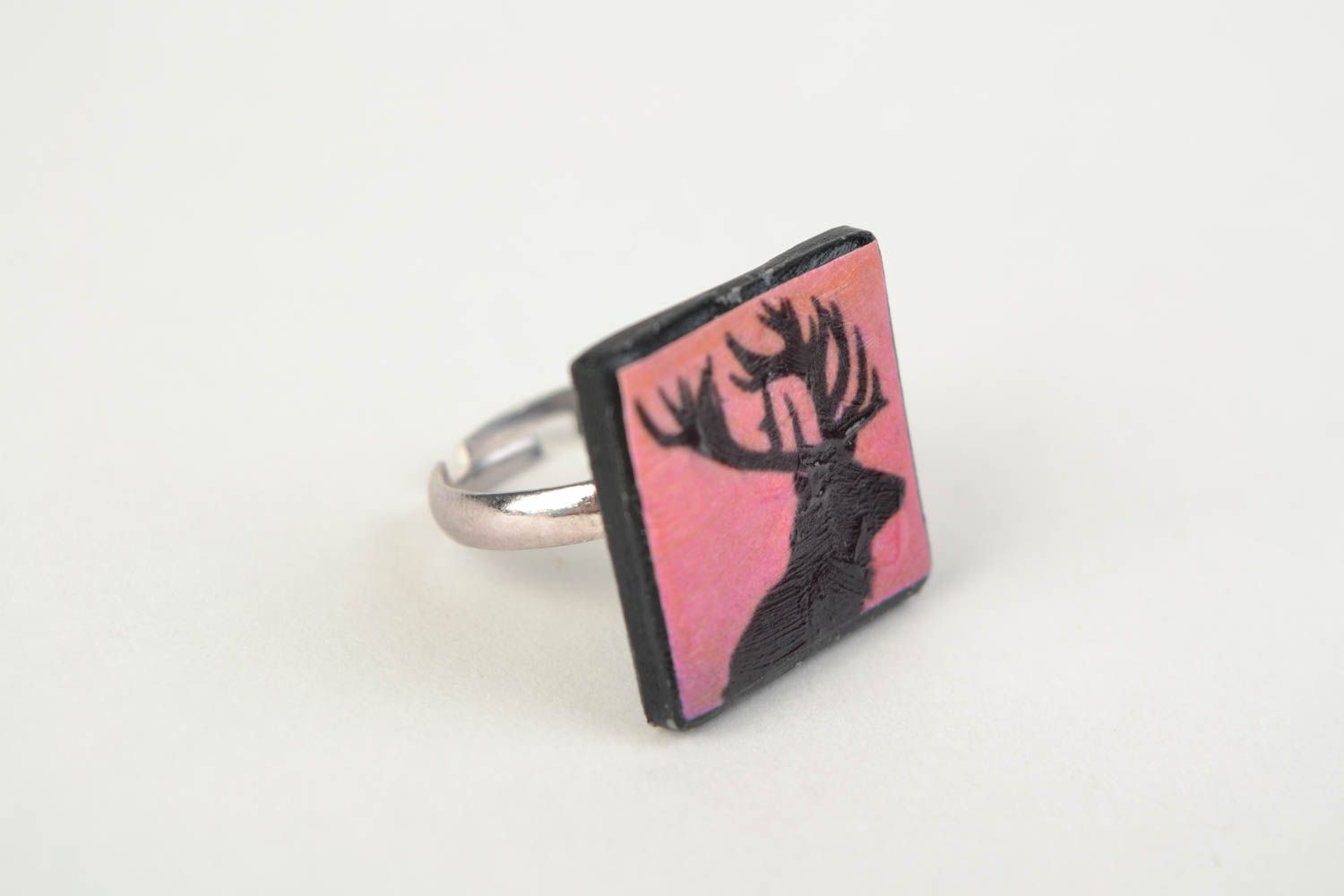 Pink square hadmade polymer clay seal ring with elk image photo 1