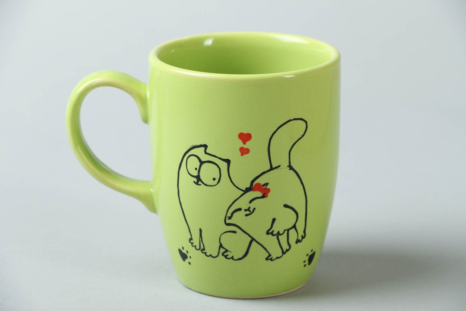 Lime color ceramic porcelain teacup with handle and kitties' love pattern photo 1