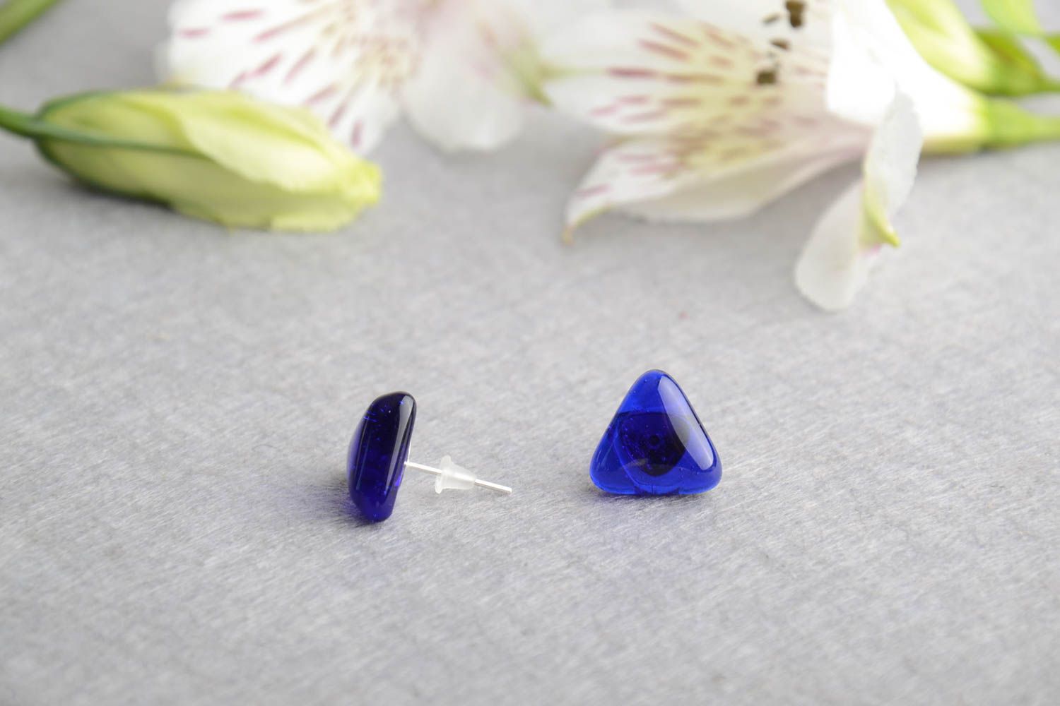 Blue small fusing glass triangular stud earrings handmade every day accessory photo 1