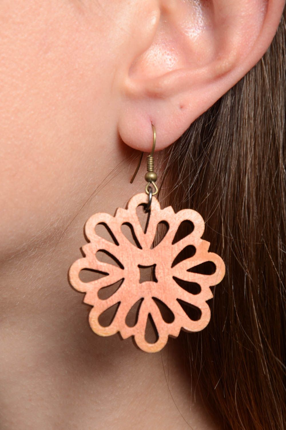 Handmade designer lacy dangling plywood earrings in the shape of flowers photo 2