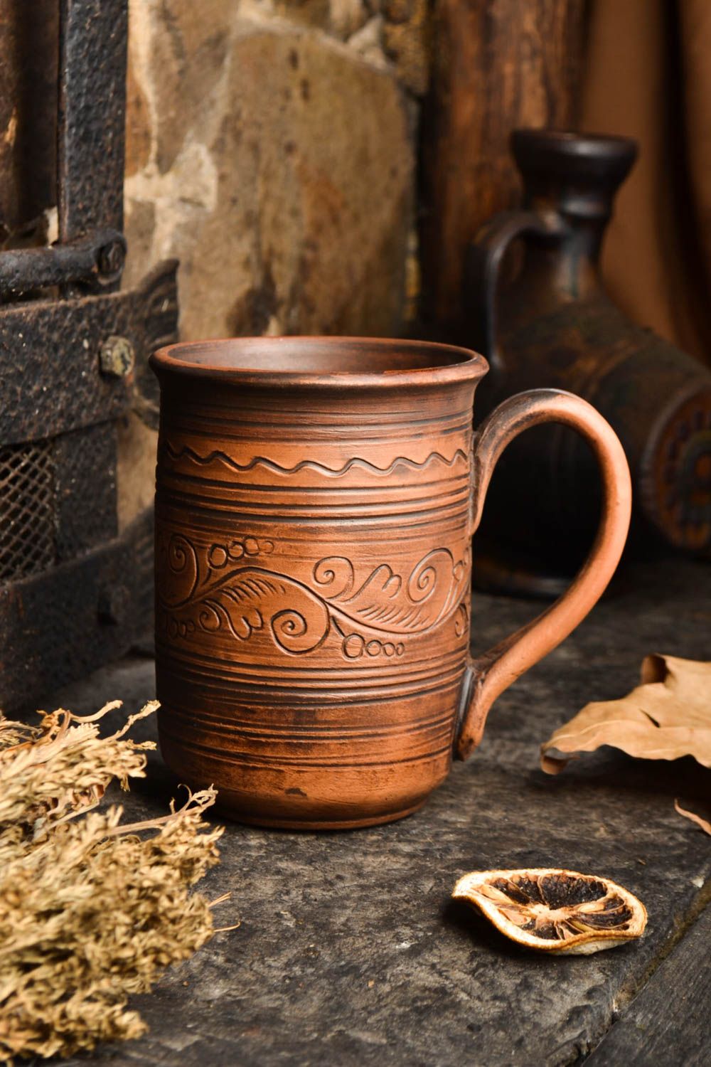 XXL 20 oz clay rustic style drinking tall cup in natural brown color with handle photo 1