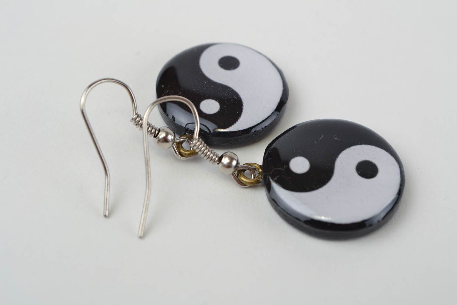 Beautiful handmade round polymer clay earrings with decoupage Yin Yang photo 5