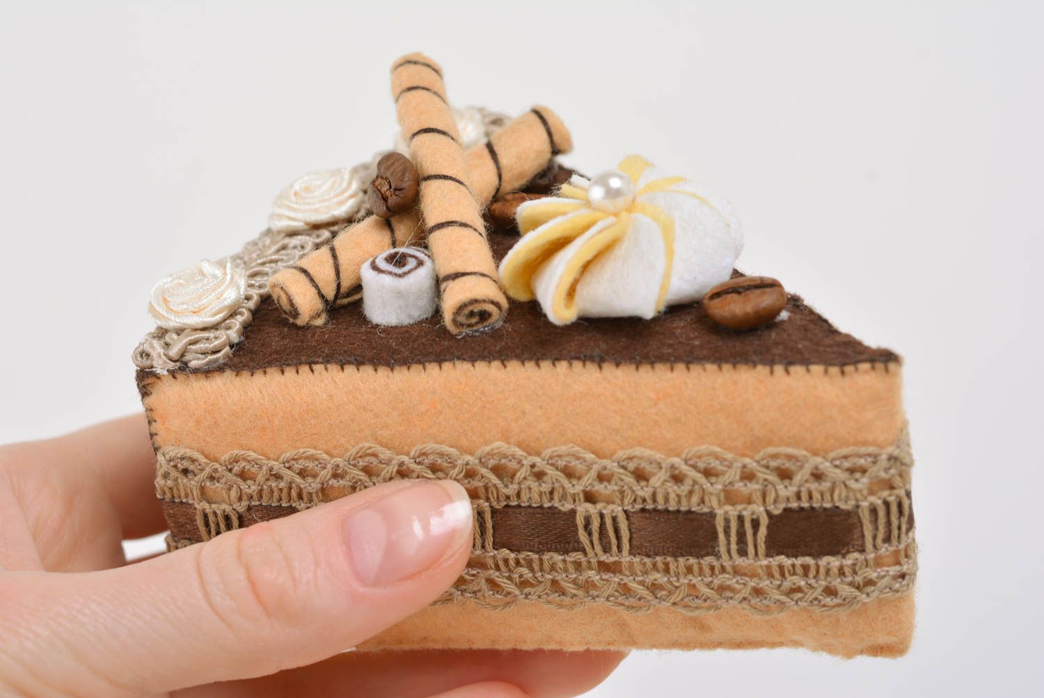 Handmade brown designer felt fabric pincushion in the shape of piece of cake photo 4