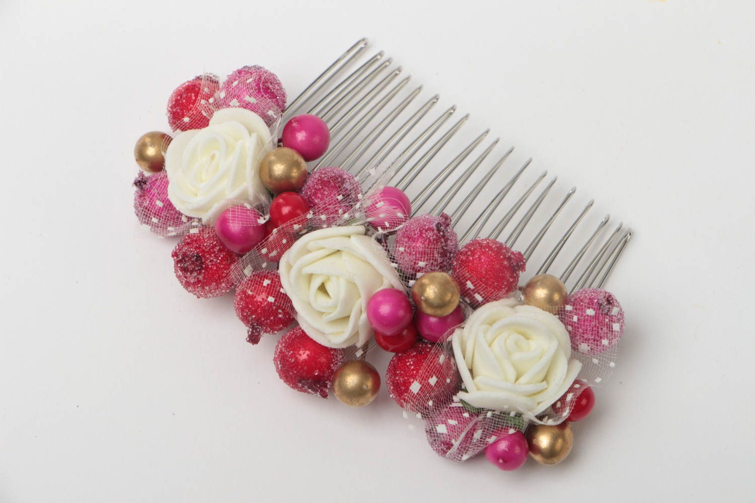 Handmade metal decorative hair comb with artificial colorful berries and flowers photo 2