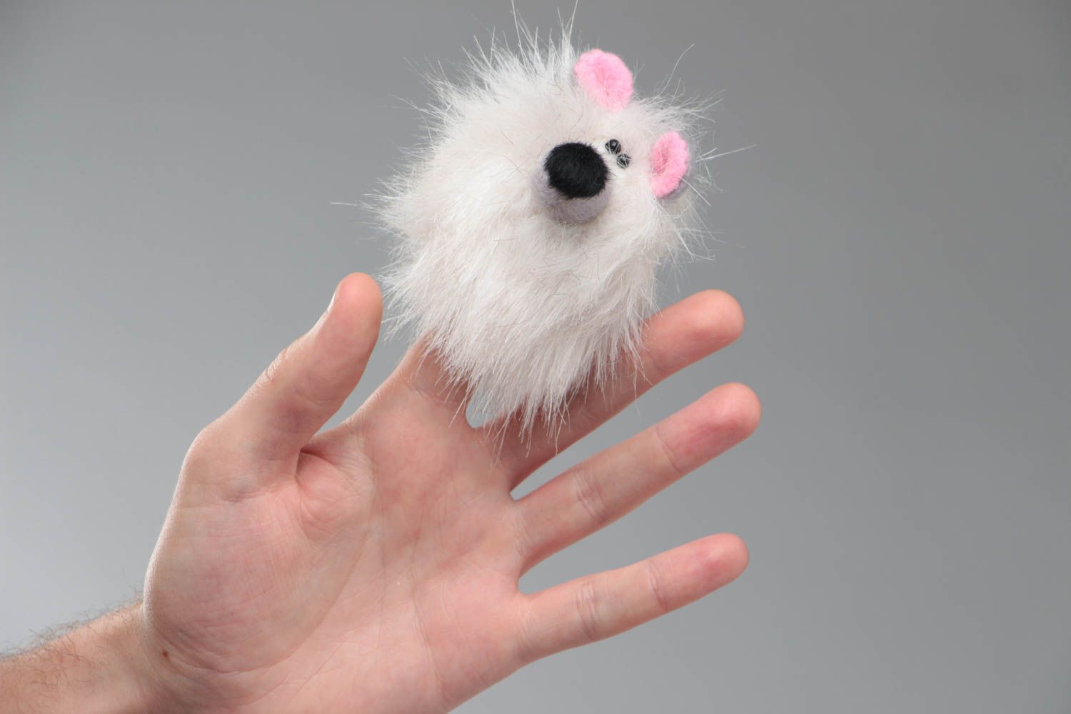 Beautiful tiny handmade gray fur fabric puppet toy in the shape of mouse photo 5
