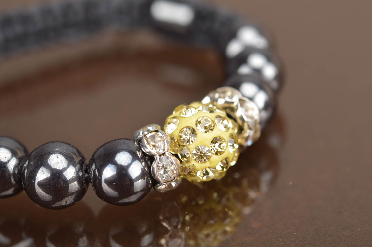 Handmade hematite braided bracelet thin dark accessory with yellow bead photo 4