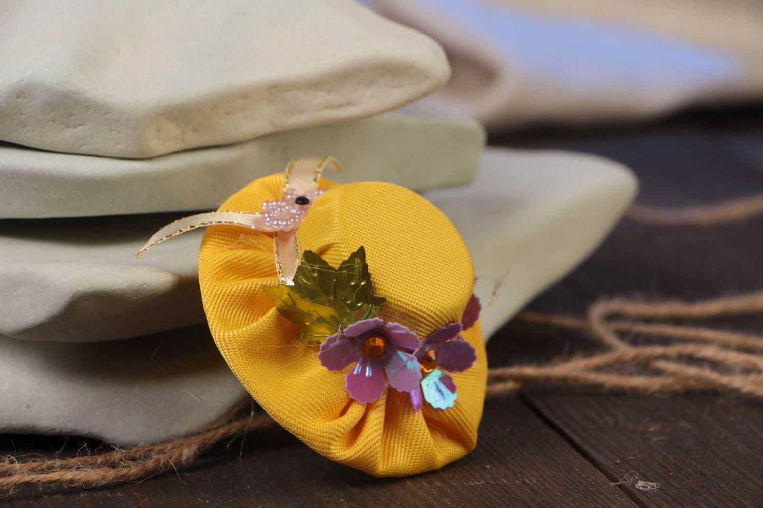 Bright handmade children's fabric hair tie with yellow hat designer photo 1