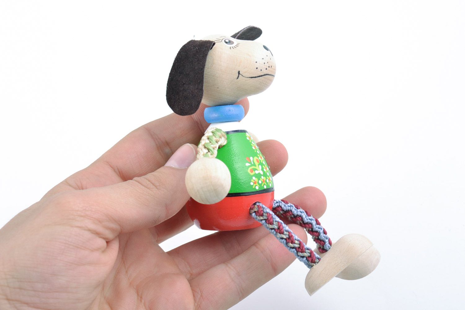 Handmade small beech wood painted eco toy dog for children and interior photo 2