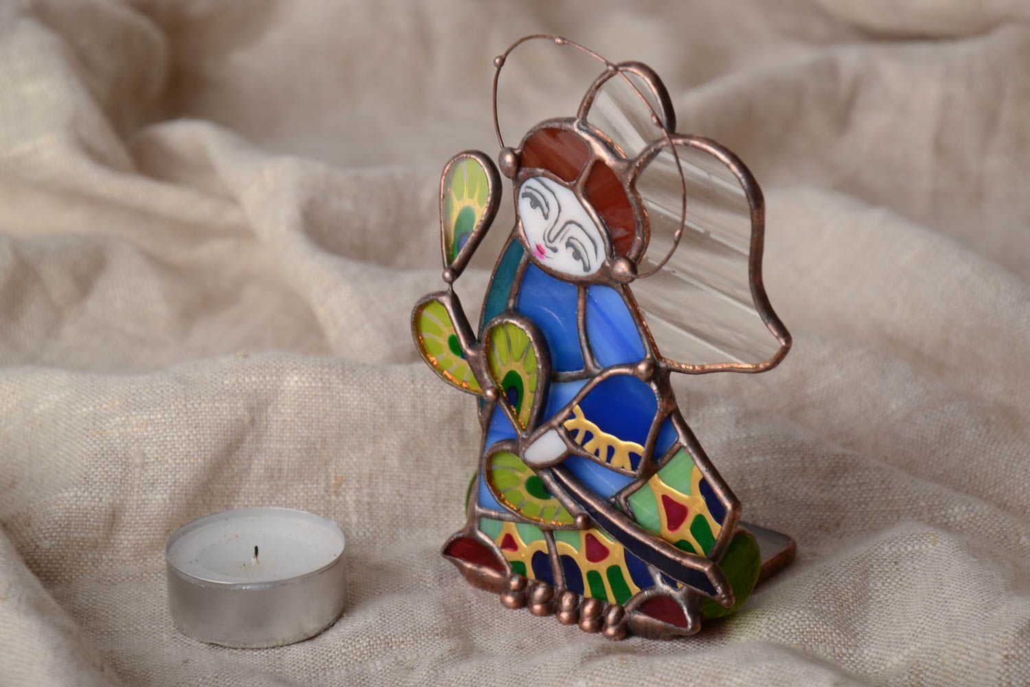 Unusual beautiful handmade designer stained glass candlestick in the shape of angel photo 1