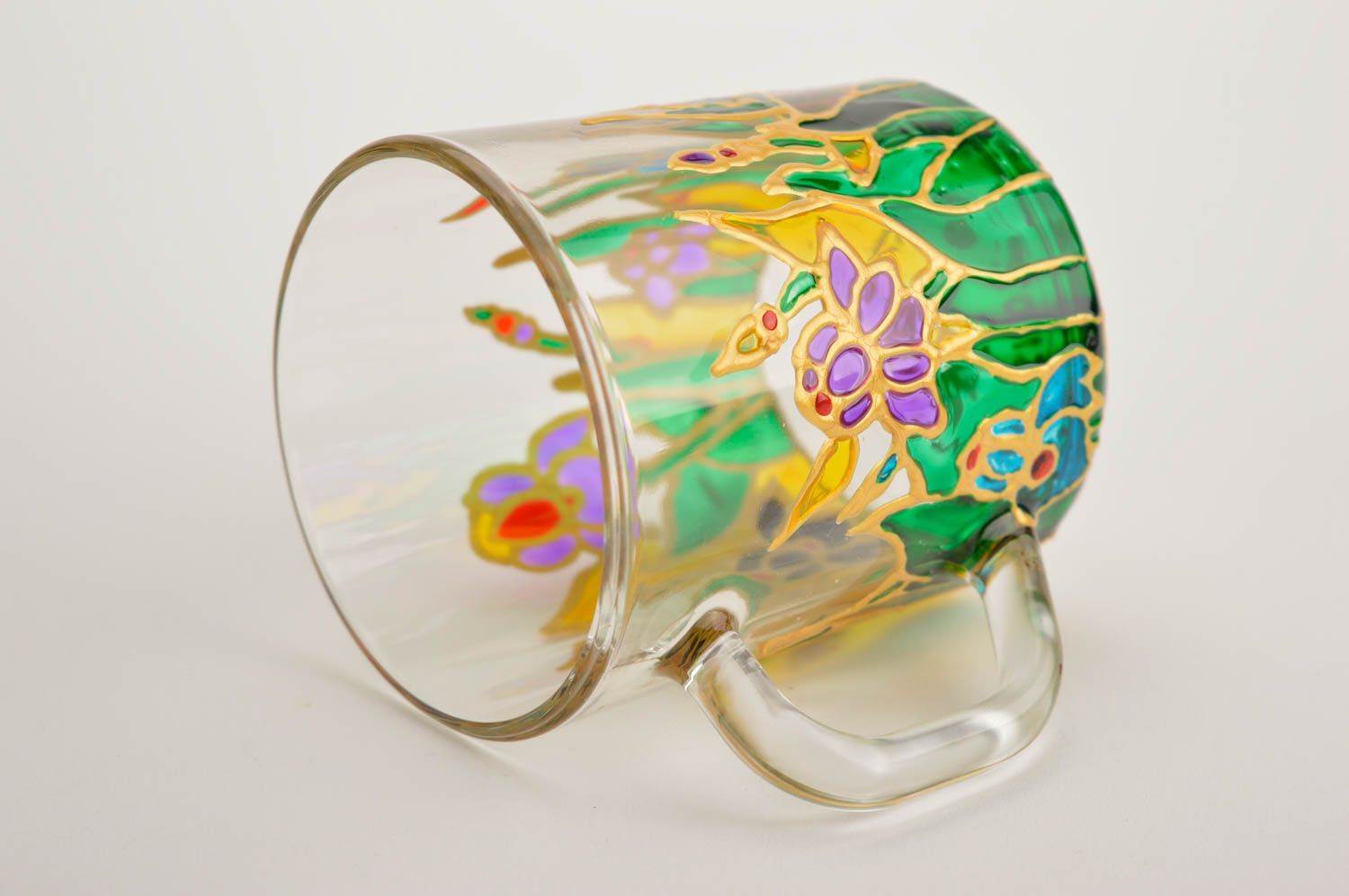 Clear glass coffee mug with hand-painted gold and green floral pattern photo 5