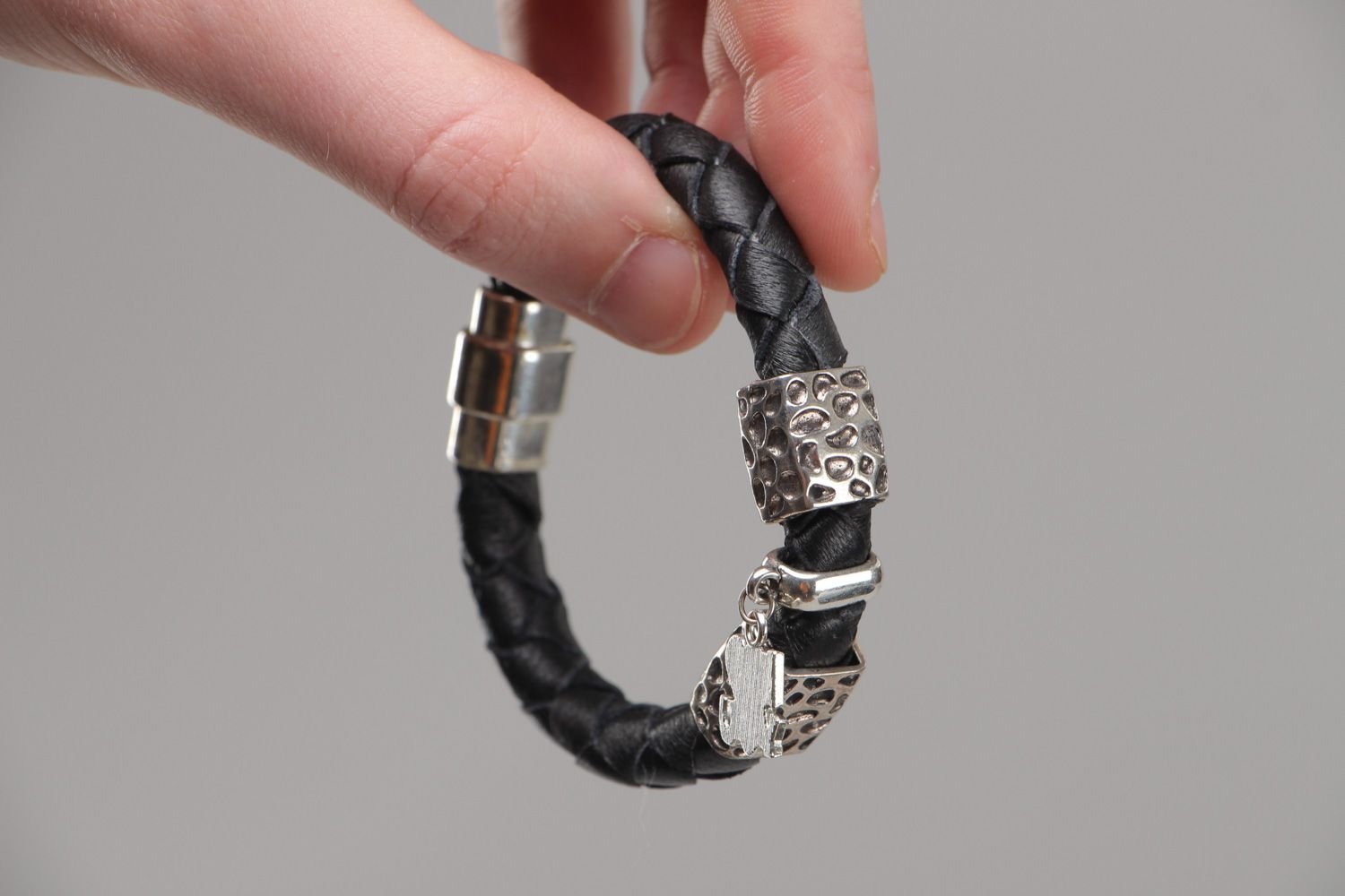 Thin handmade woven genuine leather wrist bracelet with metal charm unisex photo 5