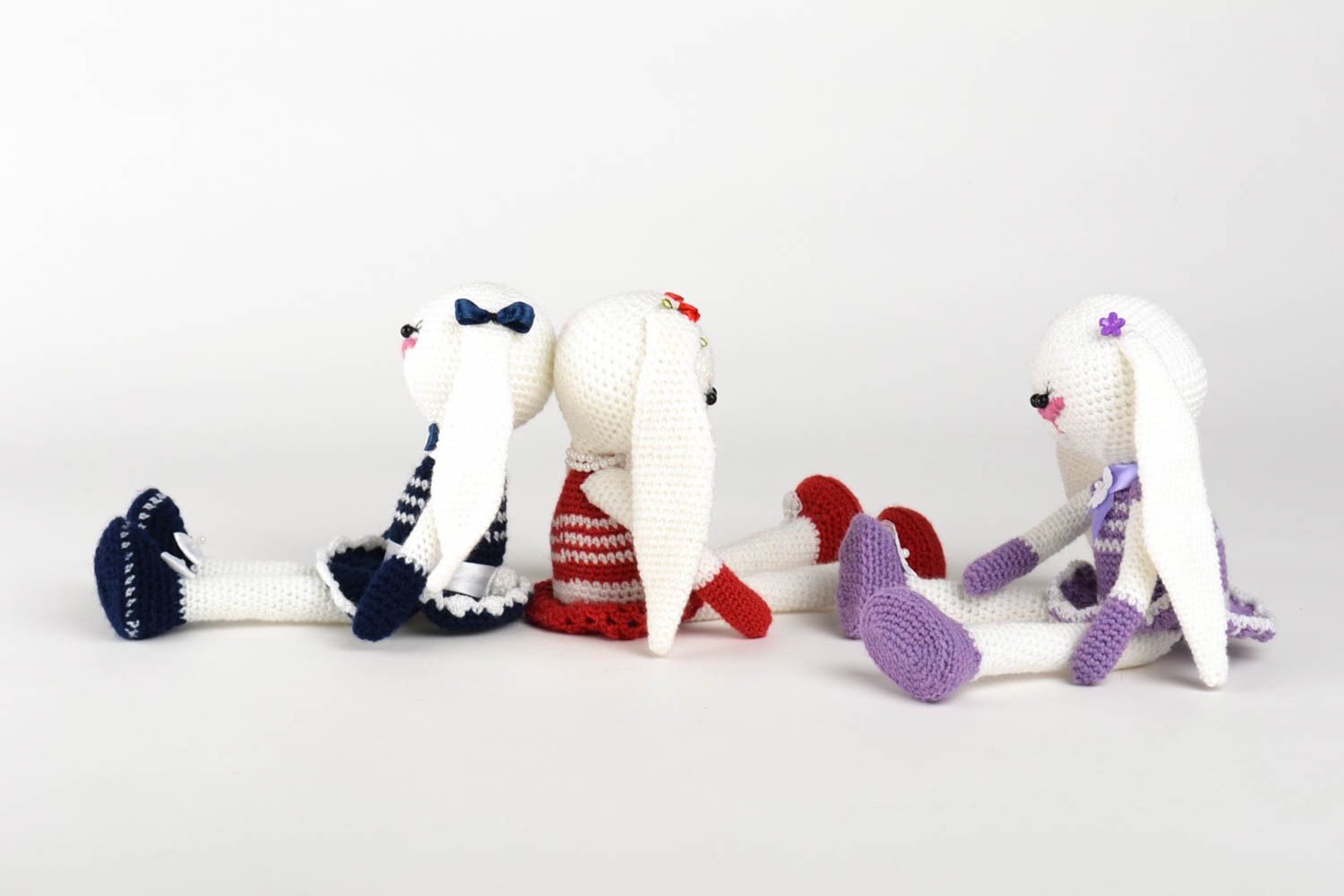 Set of three hand knitted stuffed plush rabbits in white red purple color 11,83,9 inches photo 2