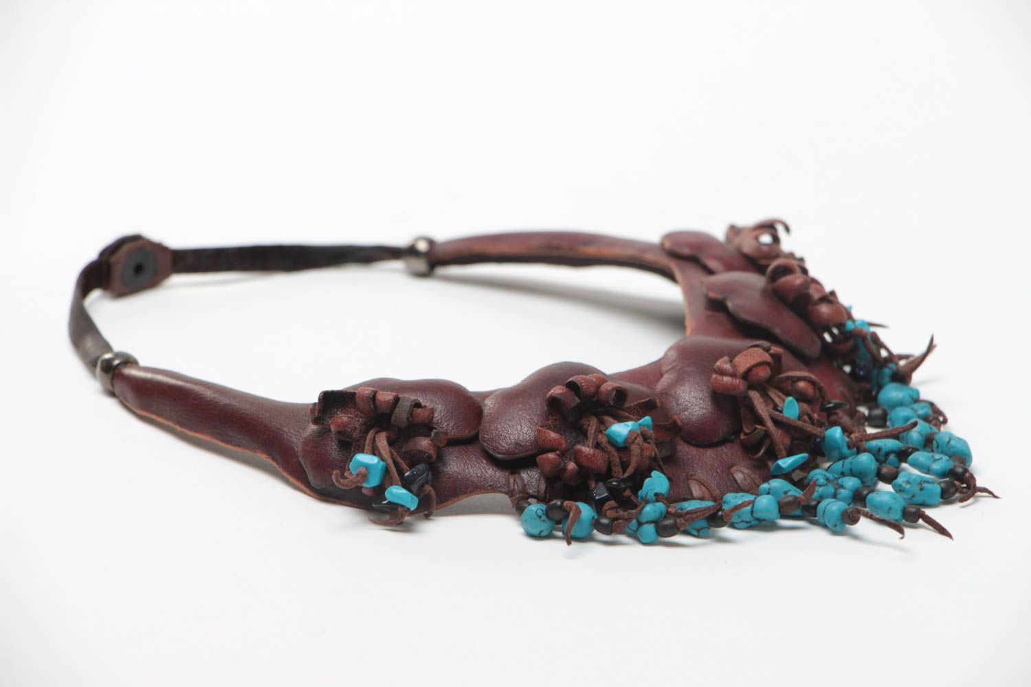 Handmade massive brown genuine leather necklace in ethnic style with turquoise photo 3