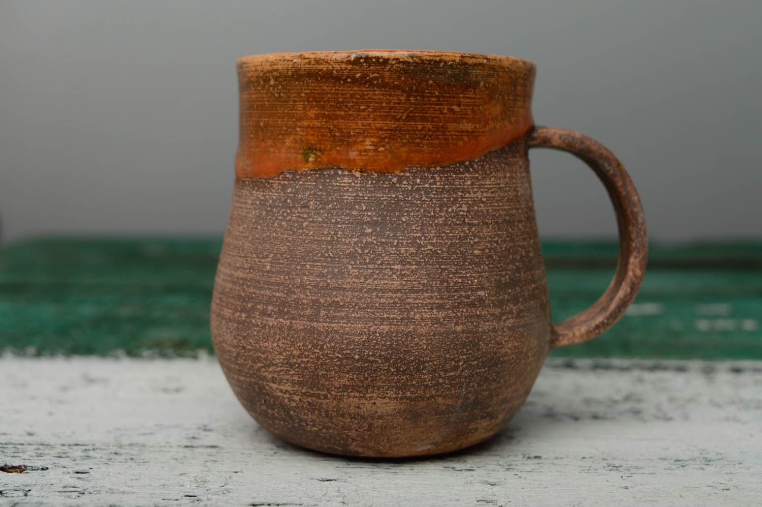 10 oz handmade rustic style design light brown and orange color clay cup with handle, glazed inside photo 5
