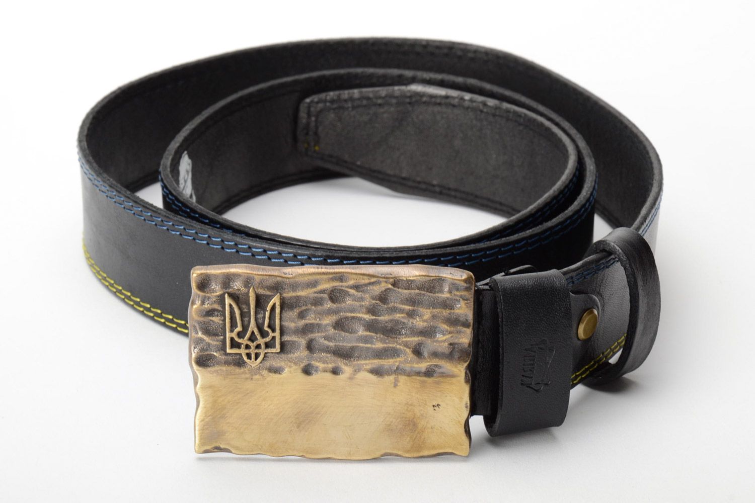Handmade black men's genuine leather belt with brass buckle photo 2