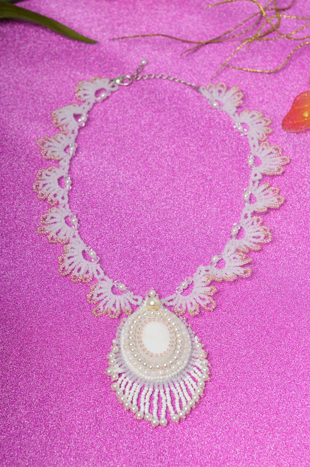 Handmade beaded stylish necklace leather white necklace festive jewelry photo 1
